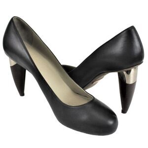 Heels Italian Designer Omelle VTG Curved Wooden Pumps Metal Accent Black Sz 7.5